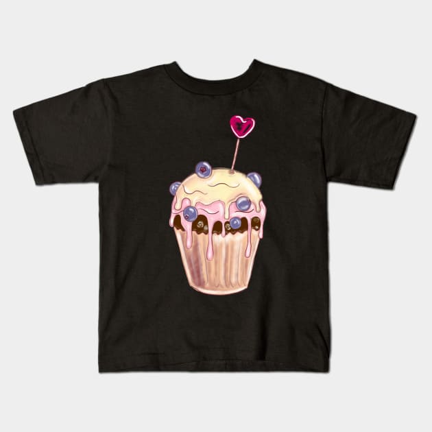 Chocolate cupcake with blueberries and love sign Kids T-Shirt by Carriefamous